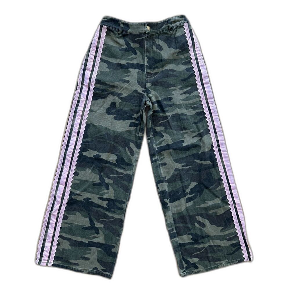 Oddi Wide Leg Pants Pink Lace Trim Side Stripe Camouflage Jeans Womens Size S